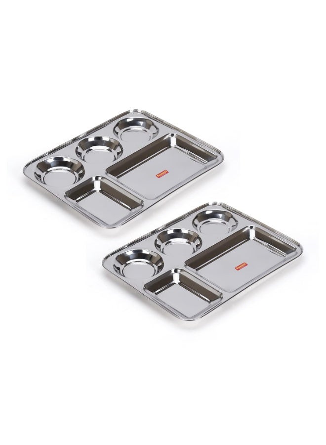 Sumeet Stainless Steel Rectangular 5 in 1 Compartment Lunch/Dinner Plate Set of 2Pcs, 37.4cm Dia, Silver - Image 1